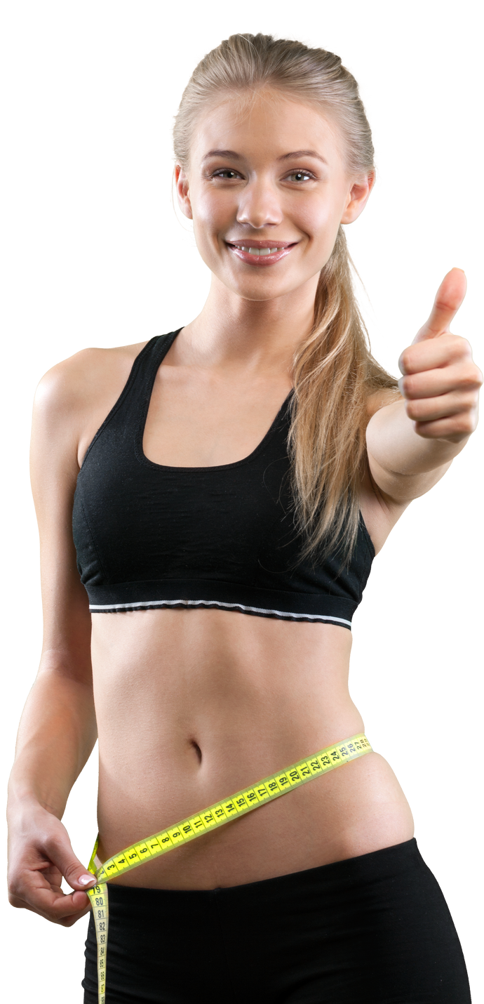 Female fitness model holding a tape measure around her waist - weightloss concept